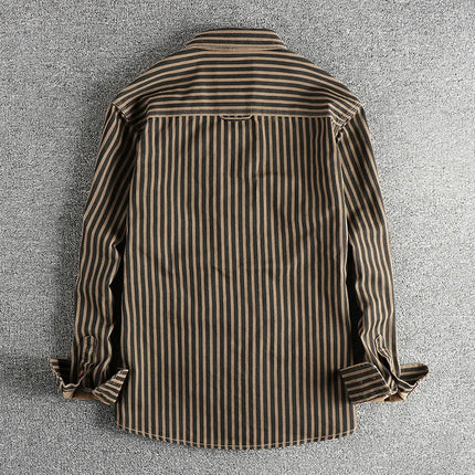 2025 Autumn And Winter New American Retro Stripe Long-Sleeve Lapel Shirt Men's Simple Fashion Washed Multi-pocket Casual Blouses