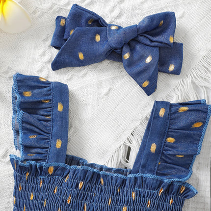 3-24Months Infant Baby Girl Golden Dot Slip Blue Dress Toddler Girl Summer Fashion Party Princess Dresses with Headband 2Pcs Set