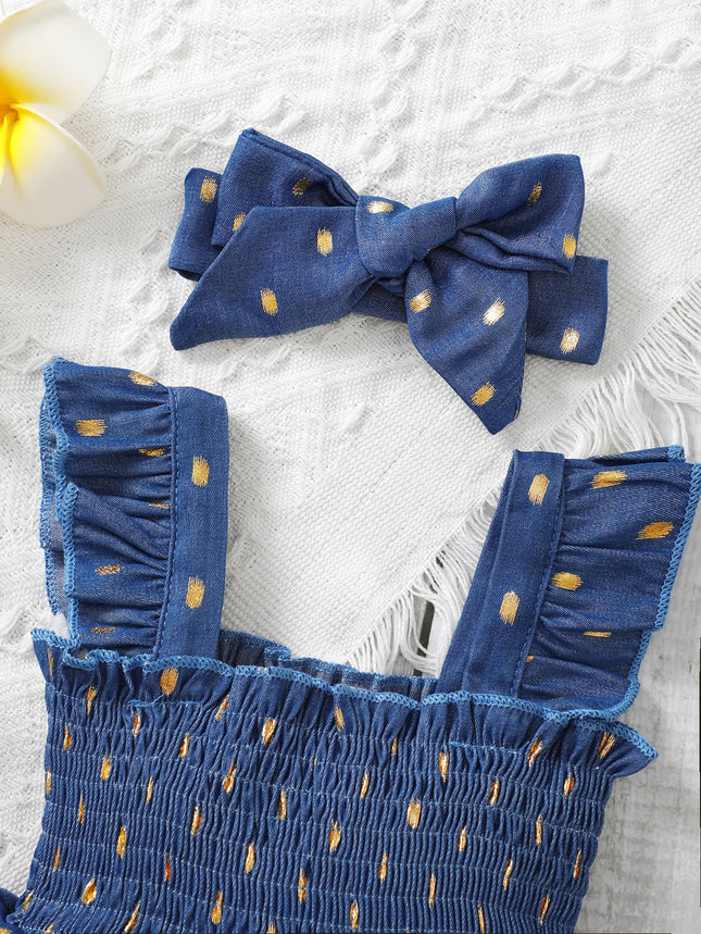 3-24 Months Infant Baby Girl Golden Dot Slip Blue Dress Toddler Girl Summer Fashion Party Princess Dresses with Headband 2Pcs Set