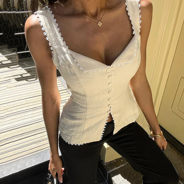 Linad Vintage Khaki Lace Spaghetti Strap Vest 2026 Elegant Square Collar Single Breasted Camis Street Chic Sleeveless Top Female