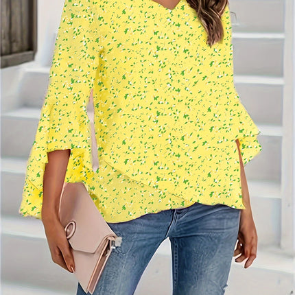 Plus Size Floral Ruffle Sleeve Top Women's V-Neck Boho Blouse Summer Beach Shirt Free Shipping