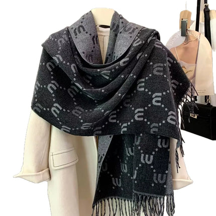 Double-Sided Letter Scarf Women's Fashionable Winter Warm Versatile Outerwear Shawl Trendy Brand Neck Warmer Scarf
