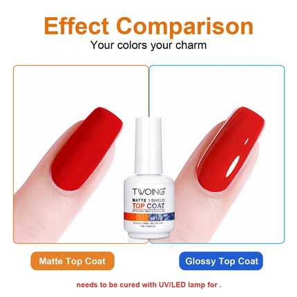 TWOING 15ml Velvet Matte Top Coat Gel Nail Polish Matte Top Coat No Wipe Sealer Gel Finish Manicure Nail Art Salon Quality