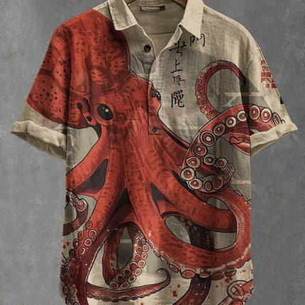 Men's polo shirt octopus print short-sleeved polo shirt summer fashion casual large size Hawaiian resort style printed top