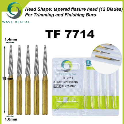 WAVE Dental Burs Tungsten Carbide Burs Gold Plated Trimming and Finishing 12 Bladed TF Series For High Speed Handpiece 5pcs/Pack