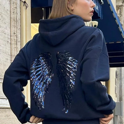 Trendy Creative Hooded Sweatshirt Wing Patterns Chic Designed Fashion Casual Long Sleeved Tops Versatile Women's Autumn Wear