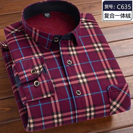 Autumn Winter Thicken Fleece Shirt Men Business Plaid Shirt Long Sleeve Warm Clothes Turn Down Collar Button Up Warm Shirts Male