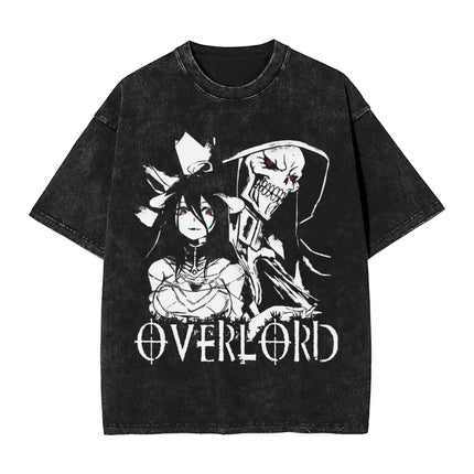 Vintage Washed Black OVERLORD Ainz Ooal Gown T-Shirt – Front Character Illustration with English Title & Japanese Name Text