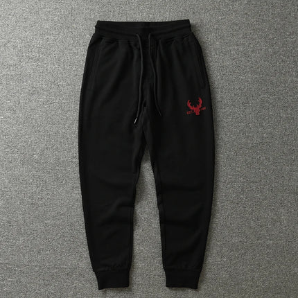Autumn American Retro Terry Knitted Embroidery Sweatpants Men's Simple Elastic Waist Drawstring Sport Casual Youth Slim Pants