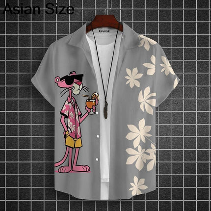 Cartoon Leopard Graphic Men Short Sleeve Lapel Shirt Tops Unisex Pink Button-Down Hawaiian Shirts Summer Daily Female Blouses
