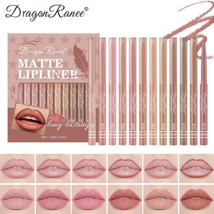 12-Piece Lip Liner Set for Outlining Lip Shapes, Beginner-Friendly, Natural and Delicate, Waterproof Matte Nude Lip Liner Set
