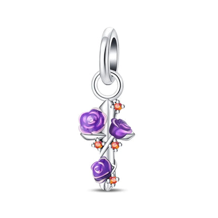 925 Sterling Silver Inlaid Heart-Shaped Beads & Rose Dangle Charm Fits Snake Bracelet Boutique Necklace Purple Pendant Gift
