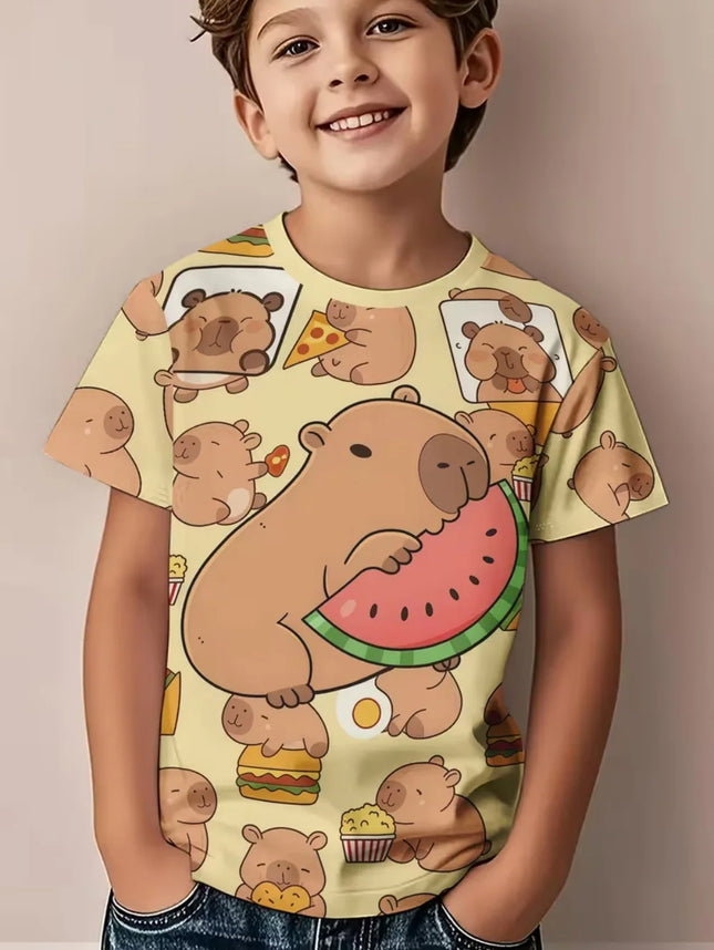 Cute Capybara Boy Clothes Cartoon Graphic Short Sleeve Tee Boy Child T-Shirt Summer Loose Top Fashion Kids Clothes Boys Clothing