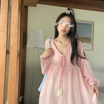 Korean Version V-neck Long Sleeved Shirt for Women's Spring 2024 New Loose Medium Long Sun Protection Shirt Top Two-piece Set