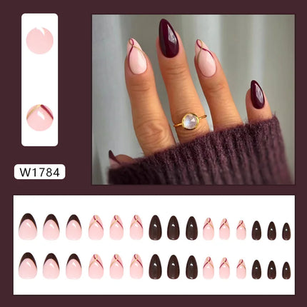 Dark Brown Flowers 24 Pcs Press-on Nails Pink Nail Polish Glossy Artificial Finger Manicure Reusable False Nails