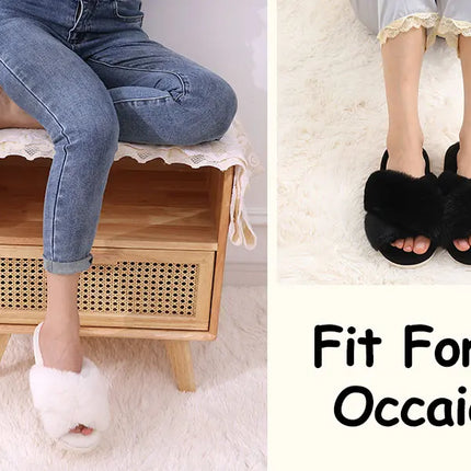 Evshine Women Fuzzy Slippers Fashion Cross Band Memory Foam House Slippers Indoor Outdoor Open Toe Plush Slides Casual Flat Shoe