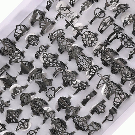 100 Pieces Stainless Steel Engraved Rings for Men and Women Fashion Charm Jewelry Gift Hollow Flower Finger Rings Wholesale Lots