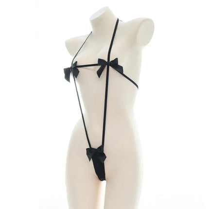 NEW Lolita Kawaii Bikini Sexy Striped Straps Lingerie Adult Cosplay Black Bow Mini Bikini Erotic Costumes Underwear Set