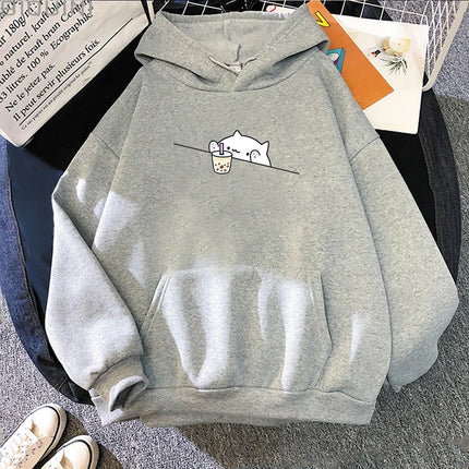 Bubble Tea Casual Pullover Hoodie Women Cartoon Female Hooded Clothes Hoodies Kawaii Cat Boba Women Sweatshirts