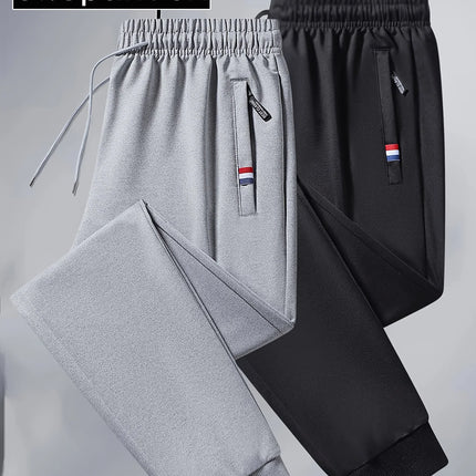 2-piece Black Pants Autumn Men's Stretch Belt Zipper Pocket Jogging Elastic Cotton Fitness Sport Suitable Gym Hiking Daily Wear
