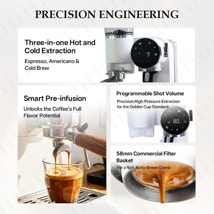 CAFOVO E121 15 Bar 58mm Semi-Automatic Espresso Machine with Grinder With 30-Step Grinder Cold Brew Coffee Maker for Home Cafe
