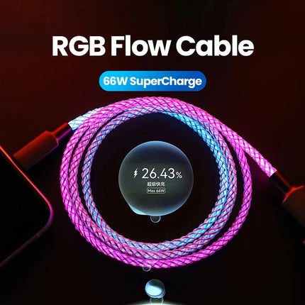 RGB Super Fast Charging Date Cable 66W 6A Glowing Phones USB C Line For iPhone16 15 Xiaomi Samsung POCO PD Data Cord USB-A To C