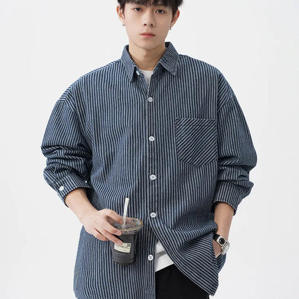 Vintage-Washed Denim Striped Long-Sleeved Shirt for Men Patchwork Design Loose-Fit Casual Shirt
