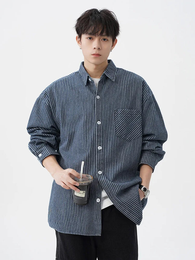 Vintage-Washed Denim Striped Long-Sleeved Shirt for Men Patchwork Design Loose-Fit Casual Shirt