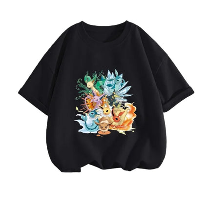 2026 Summer Pokemon Eeveelutions & Kirby Group Print T-Shirt, 100% Cotton Loose Casual Oversized Tee for Adults & Kids Y2k