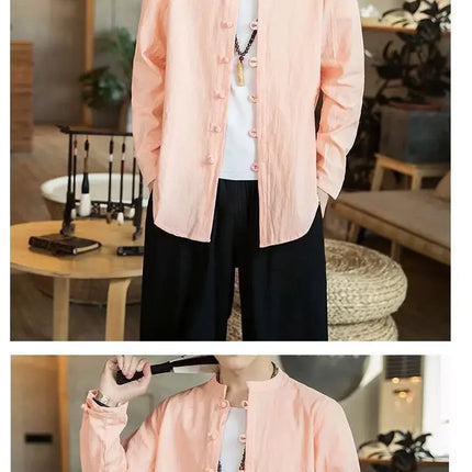 Versatile Loose-fit Long Sleeve Shirt Men's Casual Chinese Style Tang Suit Jacket Summer Lightweight Linen Top