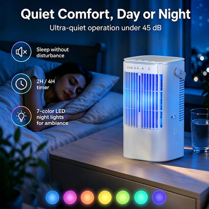 Portable cooling fan with seven-color night light, 900ml large capacity, USB interface, suitable for living room, bedroom, etc
