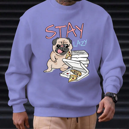 2025 Men's Sweatshirt "STAY LAZY" Pug & Pizza Graphic Chill Streetwear Trendy Soft Relaxed Funny Comfortable Daily Pullover