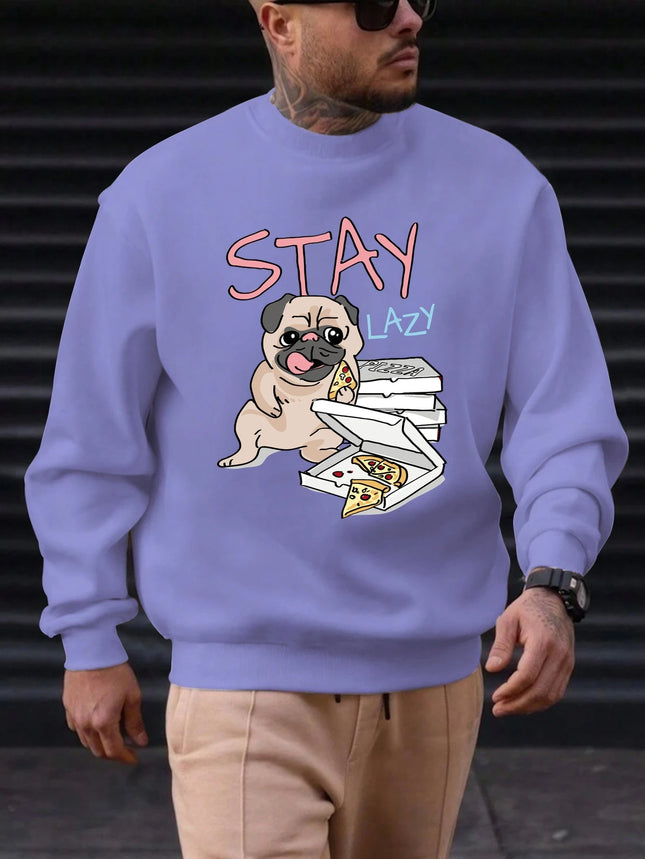2025 Men's Sweatshirt "STAY LAZY" Pug & Pizza Graphic Chill Streetwear Trendy Soft Relaxed Funny Comfortable Daily Pullover