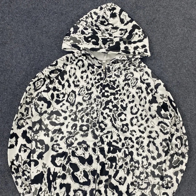 Y2K European American Fashion Leopard Print Hooded Long Sleeve Sweatshirt Jacket Comfort Casual Trend Sports Sweatpants