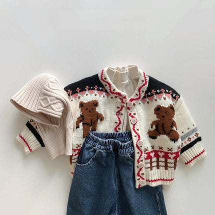 LILIGIRL Ins Korean Children Knitted Sweater Autumn Winter Cotton Soft Fashion Bear Knitted Boy's Cardigan Girl Sweater Coat