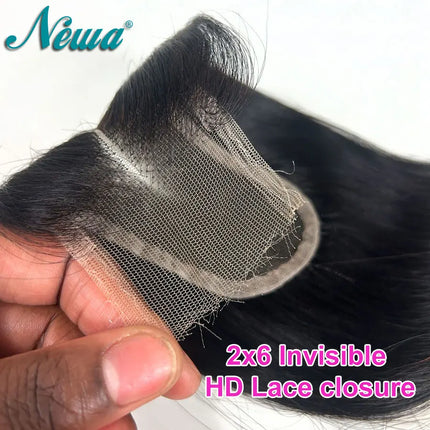 Newa Hair 2x6 Invisible HD Lace Closure Straight Human Hair Closure Deep Part Ultra Thin HD Lace Melt All Skins Kim K Closures