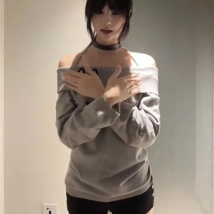 Cute Embroidery Off The Shoulder T Shirt Women Kawaii Cat Long Sleeve Basic Blouse Tight Basic Crop Top Strapless Gray Tees
