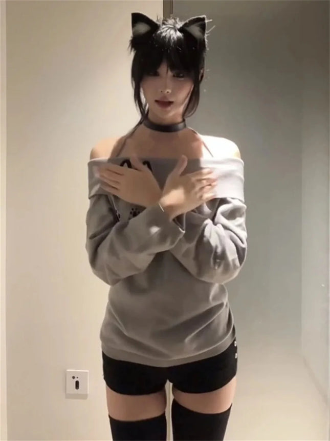 Cute Embroidery Off The Shoulder T Shirt Women Kawaii Cat Long Sleeve Basic Blouse Tight Basic Crop Top Strapless Gray Tees