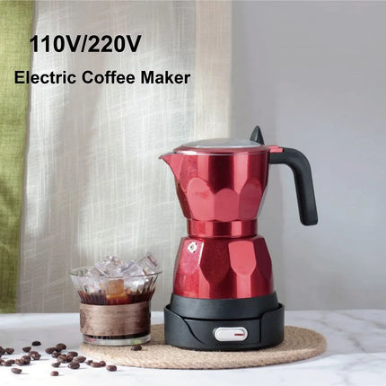 110V/220V Electric Coffee Maker Portable 150ml 3 Cups Aluminum Mocha Pot Electric Italian Coffee Maker Percolator for Home Red