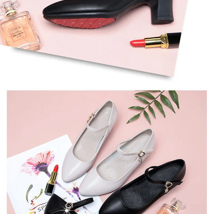 Women Fashion Sweet Red Comfort Buckle Strap Square Heel Pumps Lady Casual Black Pu Leather Office High Heel Shoes Spring Autumn