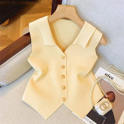 Women's French Temperament V-neck Sleeveless Slim Fit Knitted Vest Single Breasted Elegant Style