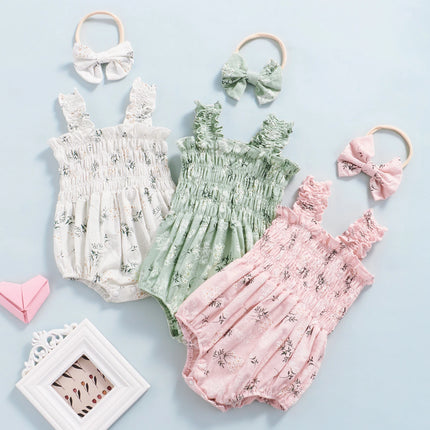 Infant Baby Girl's Sleeveless Jumpsuit Floral Print Elastic Bust Shoulder Straps Romper Bow Headband