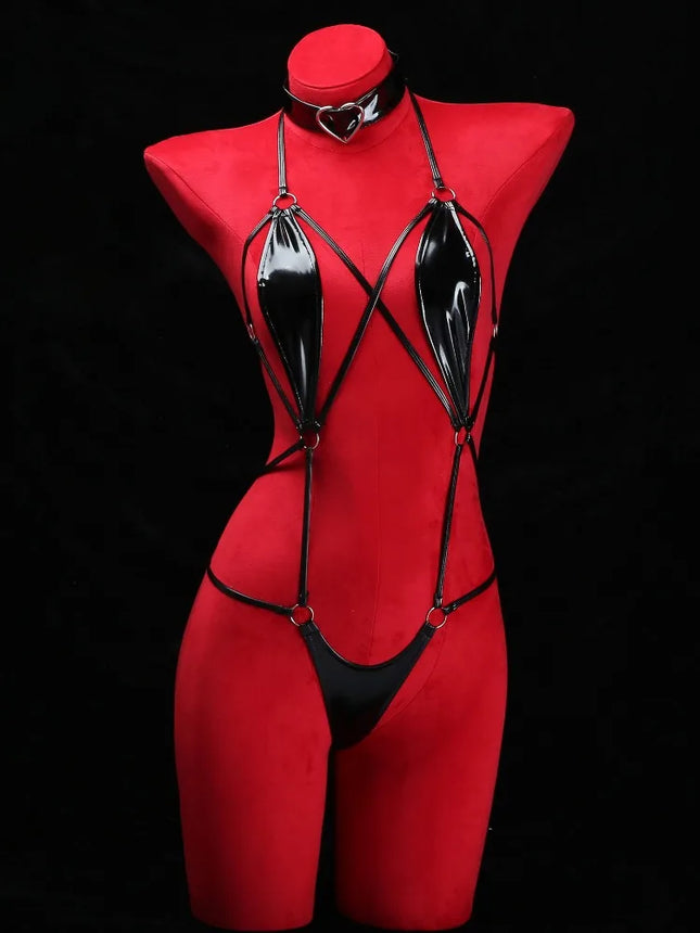 Black Patent Leather Strappy Bodysuit with Heart Choker Sexy Hollow Out Harness Lingerie Fetish Role Play Costume Wet Look Teddy