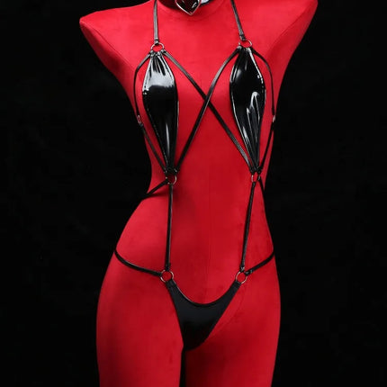 Black Patent Leather Strappy Bodysuit with Heart Choker Sexy Hollow Out Harness Lingerie Fetish Role Play Costume Wet Look Teddy