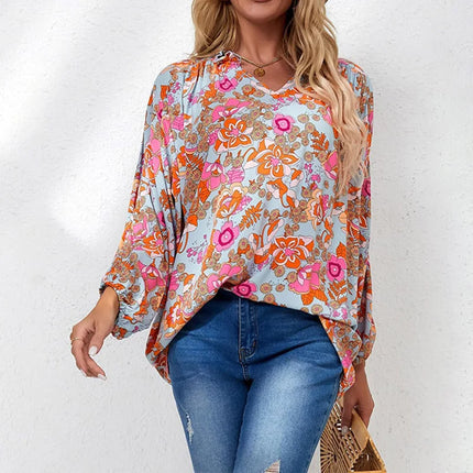 Plus Size Women's Shirt, Flower Print V-Neck Long Sleeves, Ruffled Collar Basic Style, Casual Vacation Lightweight Top