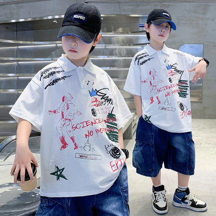 Fashion Kids Summer Short Sleeve Polo Shirt With Drawings Teens Boys Casual Outfits Clothes Baby Child Loose Cotton Polo Tshirt