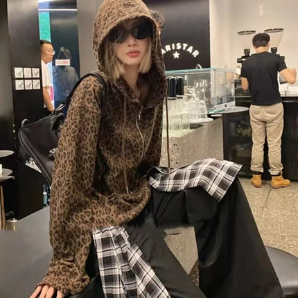 Aesthetic Hot Girl Loose Leopard Print Hoodie Women's Gothic Y2k New Zipper Hooded Coat Female Fashion Vintage Thin 2025 Clothes