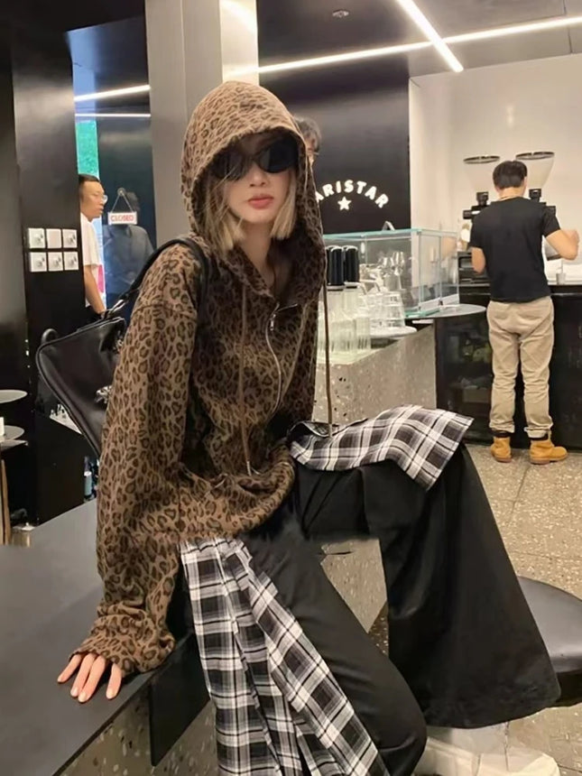 Aesthetic Hot Girl Loose Leopard Print Hoodie Women's Gothic Y2k New Zipper Hooded Coat Female Fashion Vintage Thin 2025 Clothes