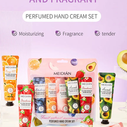 Five piece fruit scented hand cream for moisturizing and long-lasting fragrance retention. Hand care mask cream