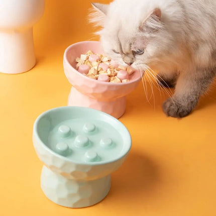 Ceramic Cat Slow Feeder Bowl Slanted Mouth Non-slip Pet High Foot Bowl Anti Tipping Stable Elevated Cats Feeder Basin